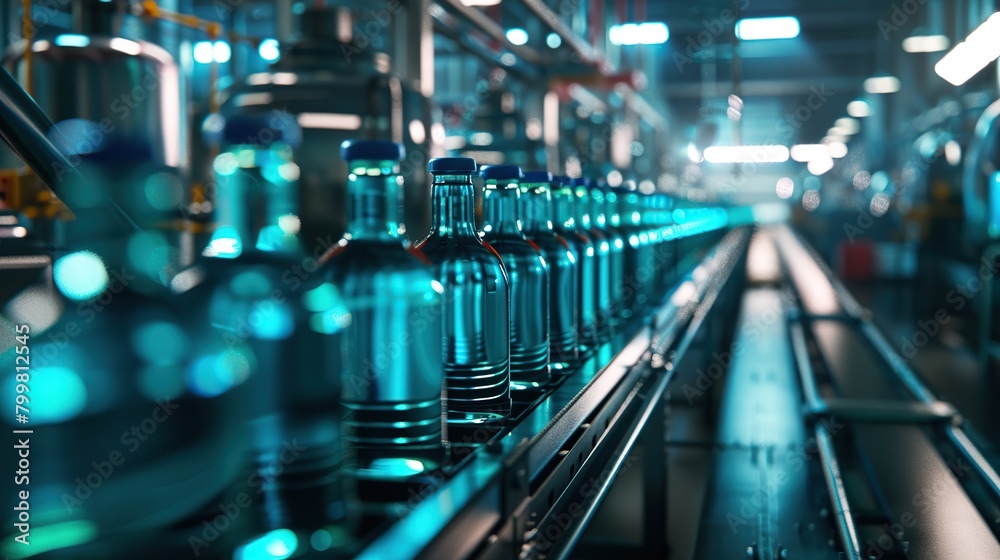 Conveyor belt, juice in bottles, beverage factory interior in blue color, industrial production line. copy space for text. Conveyor belt, juice in bottles, beverage factory interior in blue color, industrial production line. copy space for text.