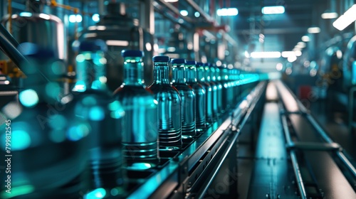 Conveyor belt, juice in bottles, beverage factory interior in blue color, industrial production line. copy space for text.