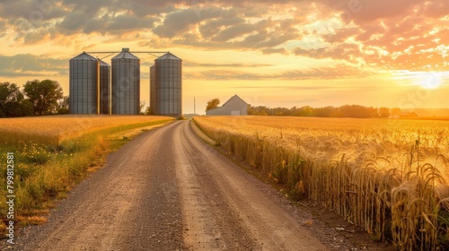 A dirt road winds its way through a wheat field, surrounded by grain silos.