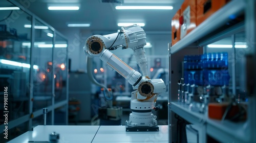 Engineers use cyber robot software to control industrial robot arms in factories The automated production process is controlled by experts using Internet-connected IOT software.