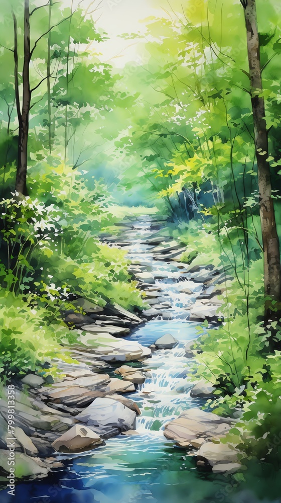 Capture a serene forest scene in a long shot watercolor Engage viewers with vivid green hues and delicate brush strokes detailing trees and a flowing stream Transport them into a t
