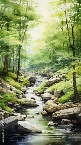 Capture a serene forest scene in a long shot watercolor Engage viewers with vivid green hues and delicate brush strokes detailing trees and a flowing stream Transport them into a t