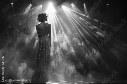 A young woman in a 1930s evening gown, singing on a stage