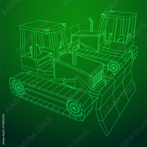Big front-end loader bulldozer. Heavy equipment machine and manufacturing equipment for mining. Wireframe low poly mesh vector illustration.