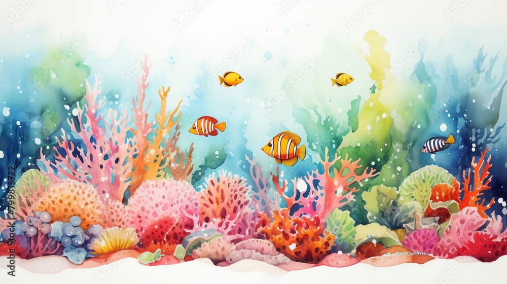 Capture a vibrant underwater world in a frontal view watercolor painting, blending realism with a touch of whimsical cartoon Include playful marine life in a minimalist style