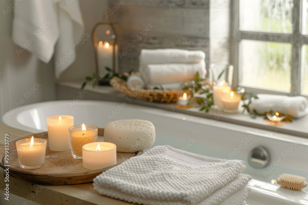 Spa bathroom ambiance with candles towels and serene