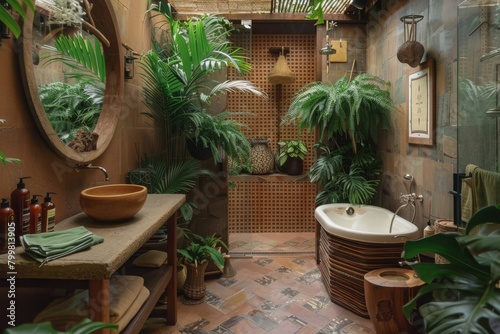Tropical bathroom greenery and natural materials © Fitry