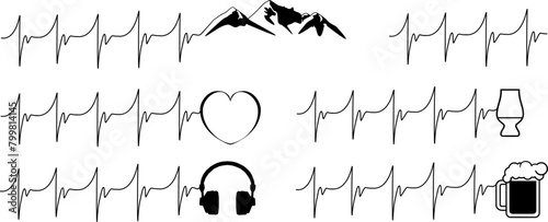 Vektor Set symbolische Darstellung - Herzschlag mit verschiedenen Objekten - Leidenschaft Liebe Hobby