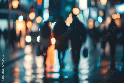 Blurred lowangle shot of people walking on a city street at night. Concept City Lights, Urban Lifestyle, Night Photography, Street Scene, Motion Blur
