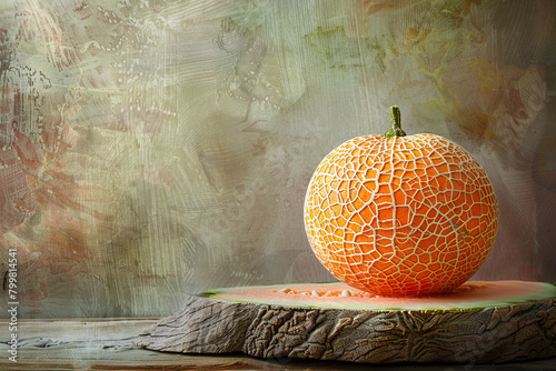 Artistic display of a whole muskmelon with a netted rind on an aged wood slice, contrasting its fresh, vibrant interior. photo