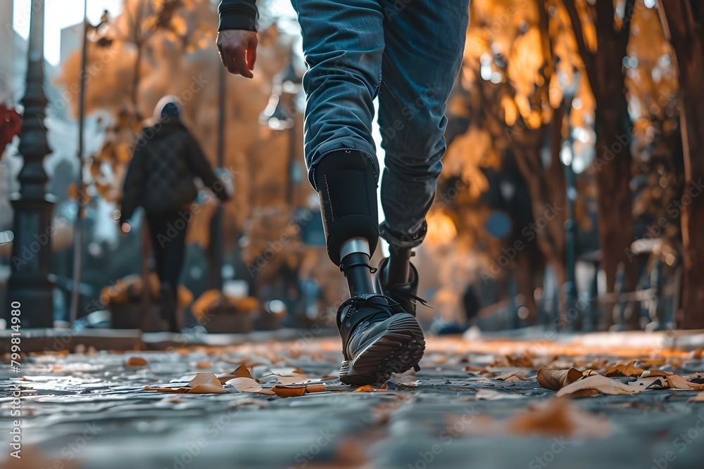Man with prosthetic leg walking on street from low angle view. Concept Street Photography, Disability Awareness, Urban Exploration Man with prosthetic leg walking on street from low angle view. Concept Street Photography, Disability Awareness, Urban Exploration