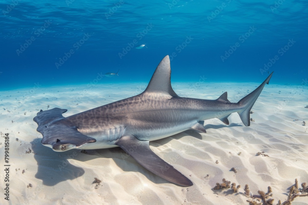 Fototapeta premium hammerhead shark swimming in the deep blue.