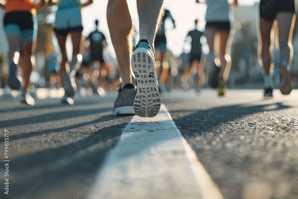 Naklejka premium Marathon runners legs from behind with space for text low angle. Concept Sports Photography, Marathon Runners, Low Angle Shots, Space for Text, Athlete's Perspective