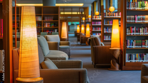 Warm, inviting library reading area lit by stylish Italian floor lamps. © Adeel  Hayat Khan