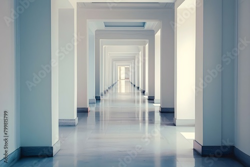 Wide corridor with open doors at varying angles leading to vanishing point. Concept Architectural Photography  Perspective Distortion  Symmetrical Composition  Linear Design  Minimalist Aesthetics
