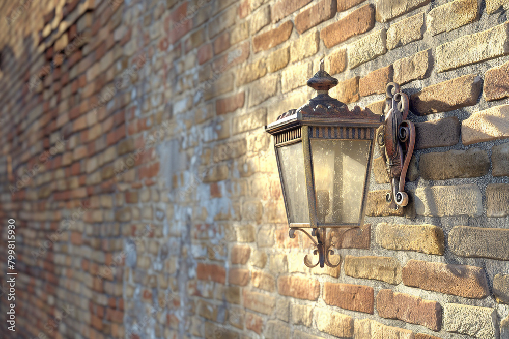 Side view of an Italian outdoor lantern against a textured brick wall highlighting light play. Side view of an Italian outdoor lantern against a textured brick wall highlighting light play.