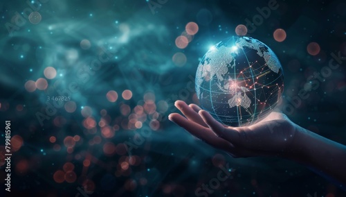 Hand holding glowing earth with global network and connectivity concept photo