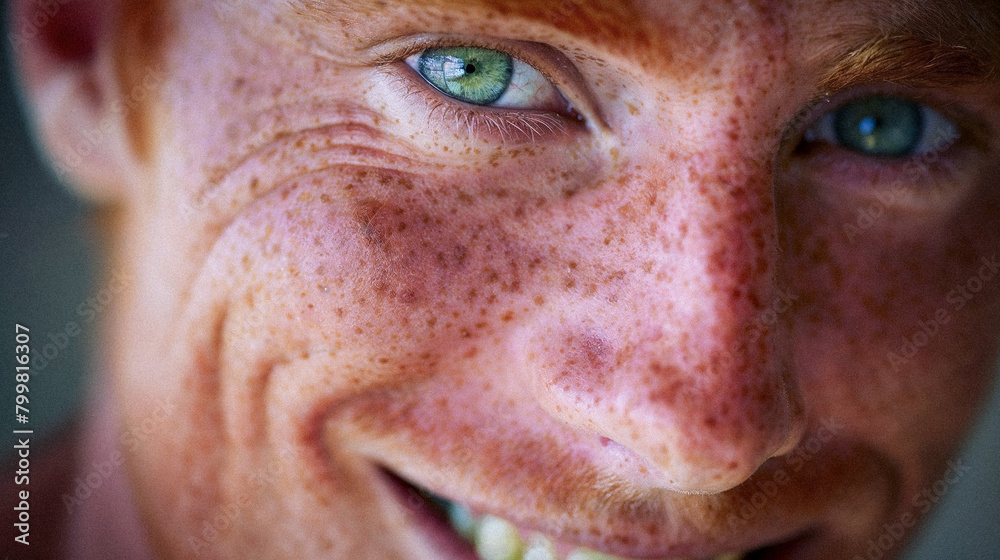 Naklejka premium Close-Up Man Redhead Very Detailed Faces Smiling Natural Skin Age 40
