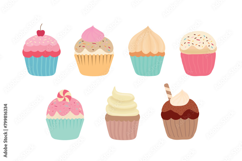 Delicious cupcake set. Dessert vector illustration design