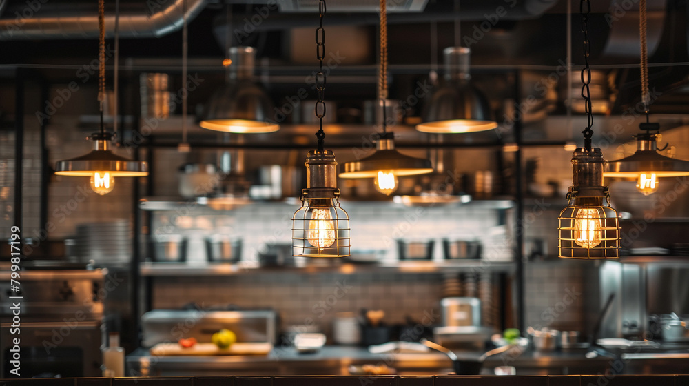 Industrial kitchen ambiance enhanced by Italian lights with vintage and modern elements.