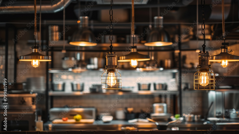 Industrial kitchen ambiance enhanced by Italian lights with vintage and modern elements. Industrial kitchen ambiance enhanced by Italian lights with vintage and modern elements.