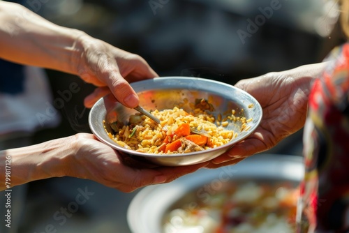 Sharing Food Outdoors, Hands Handing Over Bowl of Rice Meal
