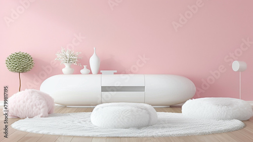 Soft pink 3D wall, white oval TV cabinet, white fluffy rugs and pillows.