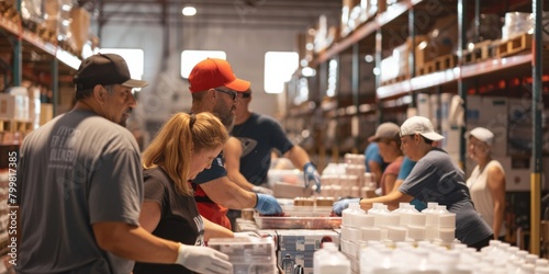 Volunteer Group Packing Donation Boxes in Warehouse Environment photo