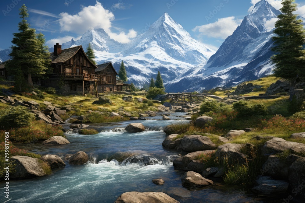 Wooden house near a river in Switzerland. Mountain range. Trees with green leaves. The mountains are covered with snow. Serene scene. Blue sky with white clouds. Generative AI.