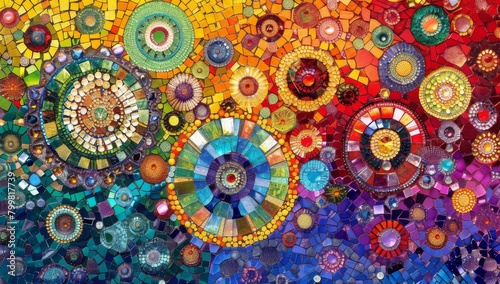 A mosaic of colorful glass and acrylic circles