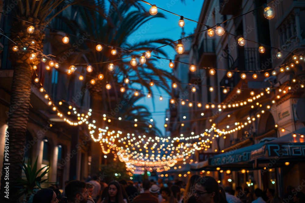 Viewing a festive street scene with Italian string lights from a low perspective.