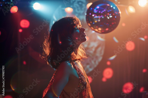 A young woman in 1970s disco attire, dancing under a disco ball