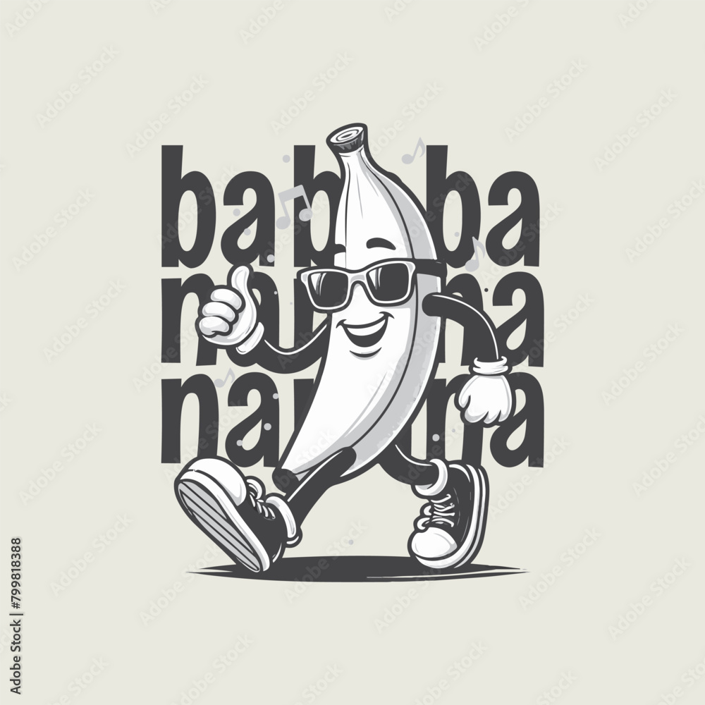Fototapeta premium Retro cartoon walking smiled banana mascot character