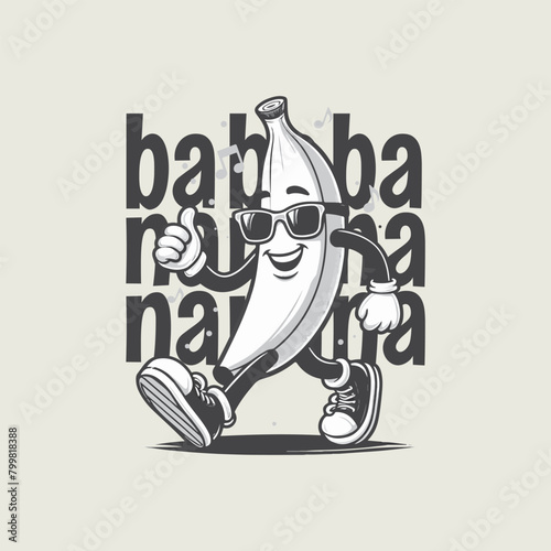 Retro cartoon walking smiled banana mascot character