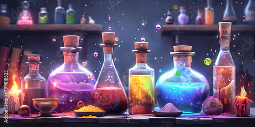 Inside wizards alchemist workshop potions on the first set depth of field medieval