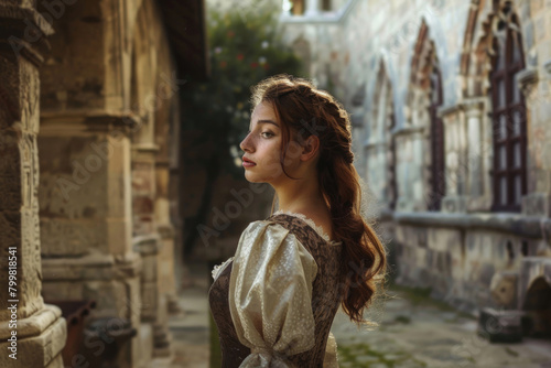 A young woman in Tudor-era attire, standing in a castle courtyard © Veniamin Kraskov