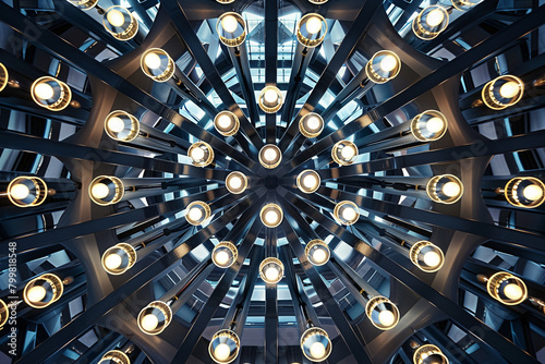 Conference center ceiling adorned with an intricate array of Italian light fixtures.