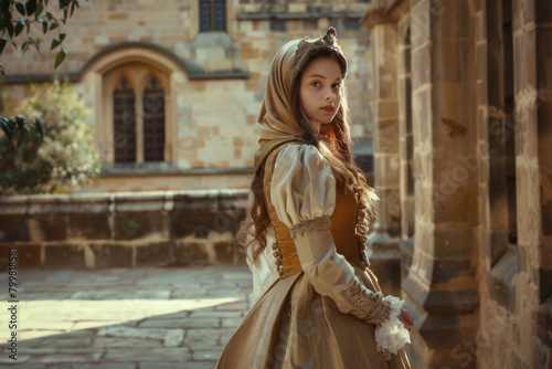 A young woman in Tudor-era attire, standing in a castle courtyard