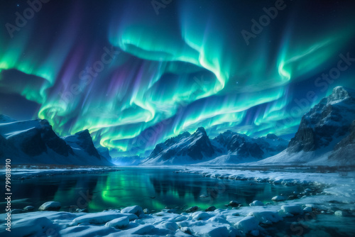 Northern Lights, beautiful colors and landscape with mountains