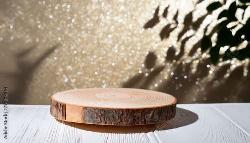 gold glitter defocused abstract twinkly lights grunge background. Rounded wooden podium for products or cosmetics with beautiful wall with shadows, Ai Generate