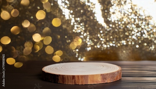 gold glitter defocused abstract twinkly lights grunge background. Rounded wooden podium for products or cosmetics with beautiful wall with shadows, Ai Generate