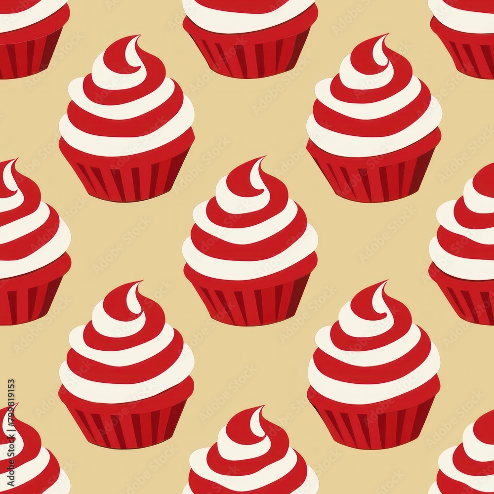 Seamless pattern of red velvet cupcakes swirled with cream cheese frosting, Generative AI