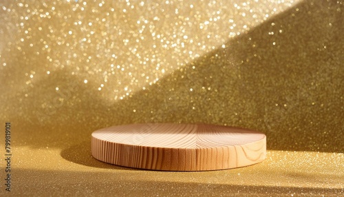 gold glitter defocused abstract twinkly lights grunge background. Rounded wooden podium for products or cosmetics with beautiful wall with shadows, Ai Generate
