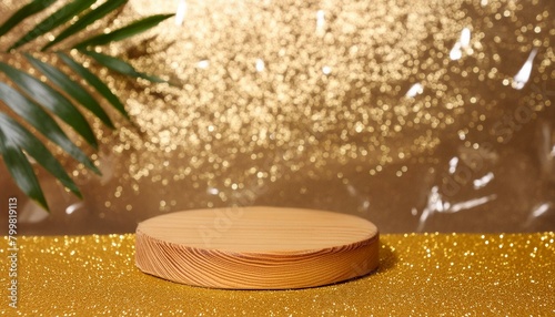 gold glitter defocused abstract twinkly lights grunge background. Rounded wooden podium for products or cosmetics with beautiful wall with shadows, Ai Generate