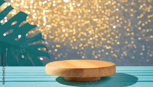 gold glitter defocused abstract twinkly lights grunge background. Rounded wooden podium for products or cosmetics with beautiful wall with shadows, Ai Generate