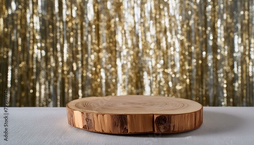 gold glitter defocused abstract twinkly lights grunge background. Rounded wooden podium for products or cosmetics with beautiful wall with shadows, Ai Generate