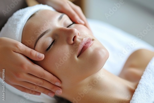 Young woman with closed eyes and perfect skin, towel on head. Facial massage. Skin care, spa treatment.