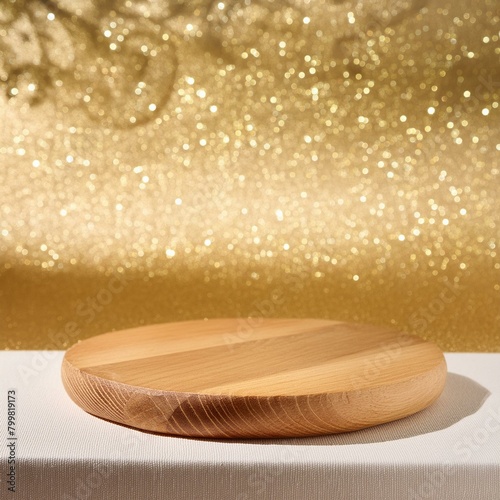 gold glitter defocused abstract twinkly lights grunge background. Rounded wooden podium for products or cosmetics with beautiful wall with shadows, Ai Generate