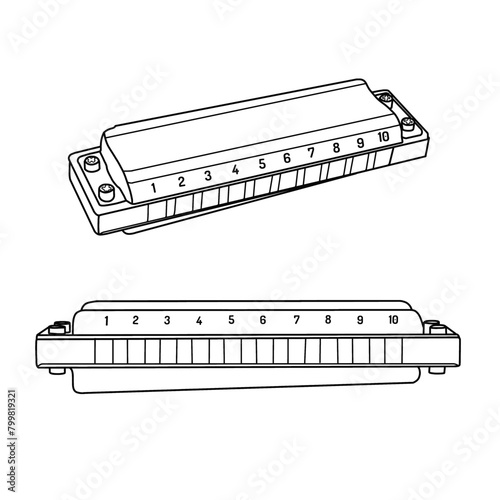 Vector illustration of harmonica hand-drawn sketch, blow musical instrument vector outline line art. Isometric view, isolated on a white background