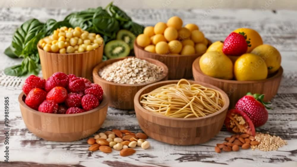 Group of food with high content of dietary fiber arranged side by side on the table Group of food with high content of dietary fiber arranged side by side on the table